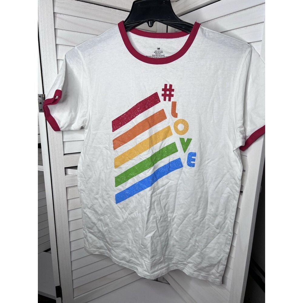 #Love Pride Ringer T-shirt White Red‎ Trim Unisex Adult Size Medium NWT